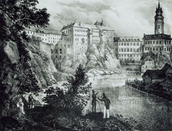 J.Kunike: Pohled na esk Krumlov od Vltavy (litografie, 1833)
