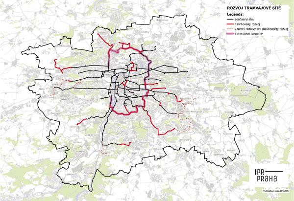 Schematická situace rozvoje tramvajové sítě Prahy