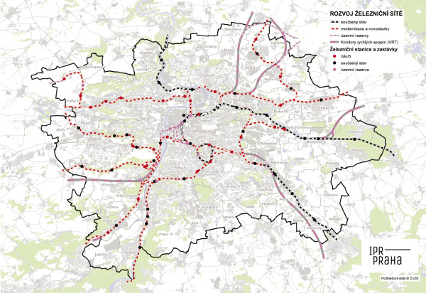 Schematická situace rozvoje železniční sítě Prahy