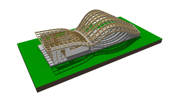 Obr. 2. Rendrovaný 3D SEMA model dřevěných konstrukčních prvků - axonometrie ze zadní strany