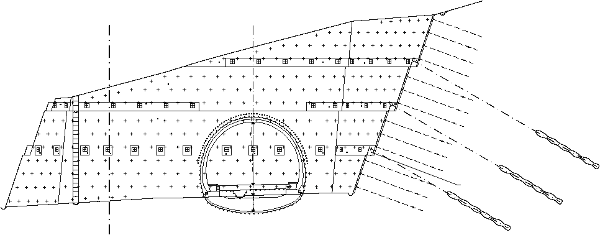 Obr. 14. Původní svahování a zajištění západního portálu severní tunelové roury