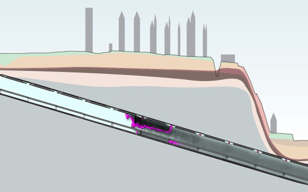 Obr. 6. Tunel Bubeneč B - rozložení kouřové vlečky v klesání -5 % během zásahu HZS (15. až 90. minuta). Fialová izoplocha znázorňuje teplotu 60 °C při tzv. návrhovém požáru o tepelném výdeji HRR = 30 MW, který je ekvivalentem hořícího nákladního vozidla. 