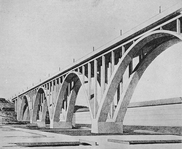 Obr. 6. Betonový obloukový most, 5 x 74 m. S. Bechyně, B. Kozák, 1927