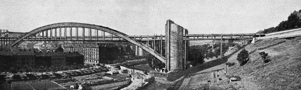 Obr. 8. Ocelový srpovitý oblouk, 310 m. Škodovy závody (S. Demela, J. Holman, Z. Pešánek), 1927, pohled
