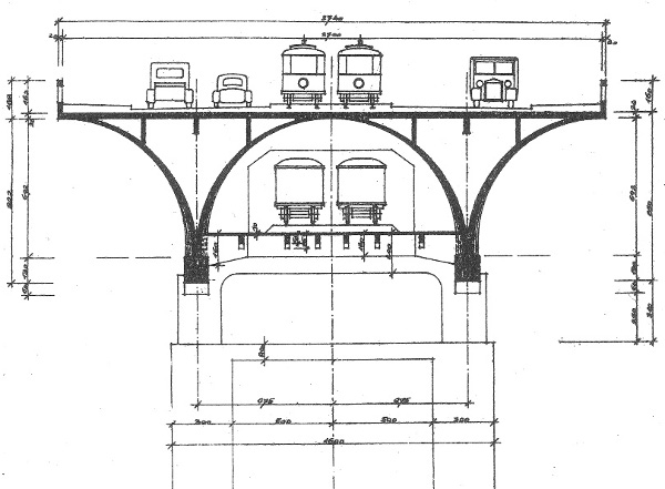 Obr. 11b. Betonový trám, 4 x 80 m. S. Bechyně, B. Kozák, 1933, příčný řez 
