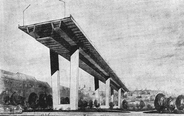Obr. 13. Ocelový most, jehož lehkost mostu byla dosažená zavěšením spodní etáže pro kolejovou dopravu na komorové nosníky horní mostovky (J. Kozák s kolektivem, 1960)