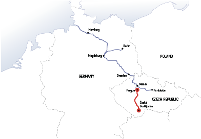  Mapa vodní cesty Vltavy a Labe až k moři