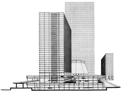 Obr. 4. Návrh komplexu WTC z roku 1961 vypracovaný SOM pro PANYNJ