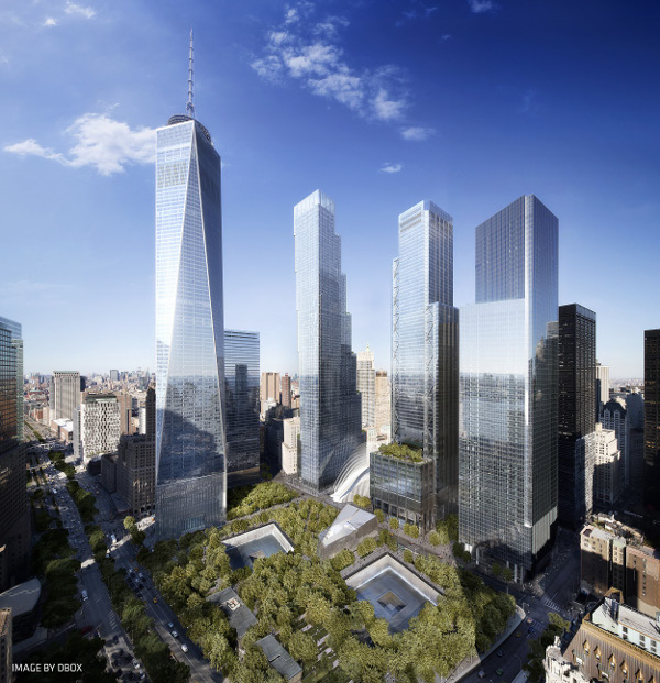 Obr. 1 a 2. Vizualizace představy o novém WTC ze září 2006 a aktuálně z června 2015, zdroj: PANYNJ
