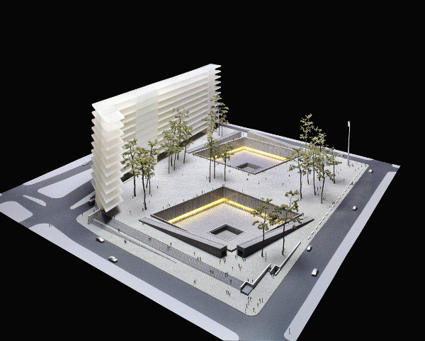Obr. 23 a 24. Vítězný návrh památku a muzea 11. září Reflecting Absence architektů Michaela Arada a Petera Walkera (leden 2004), zdroj: LMDC