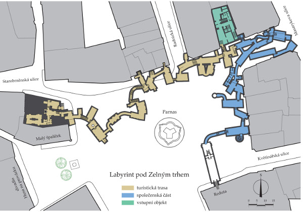 Obr. 2. Labyrint pod Zelným trhem. Schéma trasy zpřístupněné části podzemí (zdroj: R - atelier, s.r.o.).