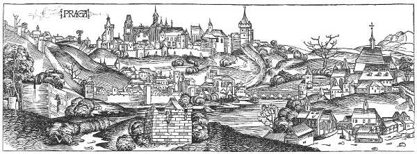 Pohled na Prahu a Pražský hrad (Schedelova kronika, dřevořez, 1490)