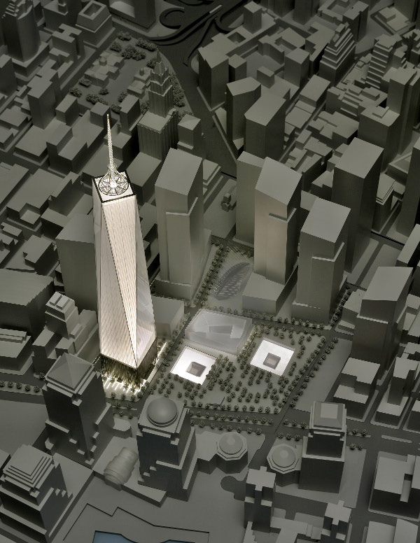 Obr. 10. Základní geometrie budovy 1WTC a její umístění v novém komplexu WTC (červen 2005), zdroj: SOM