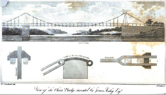 Pohled na řetězový most (Chain Bridge at Falls of Schulkill), James Finley, Filadelfie, Pensylvánie, 1810, volné dílo