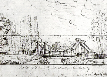 Schnirchův vlastnoruční nákres řetězového mostu ve Strážnici, 1825, volné dílo