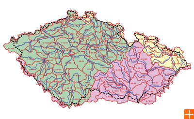 Mapa vodních toků v ČR s barevným vyznačením hlavních povodí a s čísly hydrologického pořadí