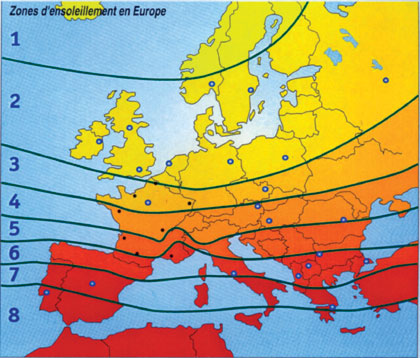 Pásma intenzity slunečního svitu v Evropě