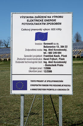 Fotovoltaická elektrárna vznikla za podpory EU