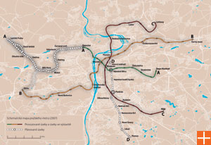 Schematická mapa pražského metra - stav k roku 2007