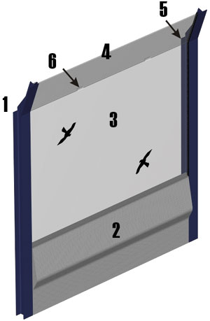 Protihluková bariéra PB02. 1. sloup HEA; 2. soklový dílec; 3. průhledný panel; 4. průhledný panel difuzoru; 5. přítlačné lišty; 6. přídržné elementy.