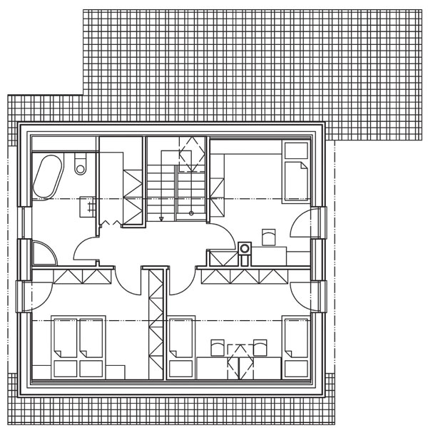 Půdorys podkroví standardního pasivního domu (varianta B/1)
