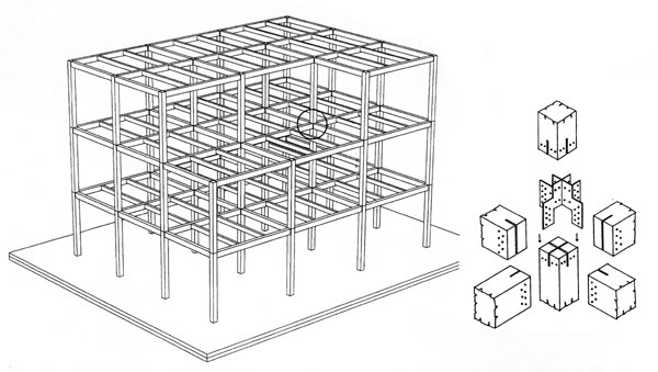 Schéma 1. Těžký dřevěný skelet - schéma nosné konstrukce a příklad styčníku