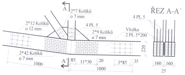 Obr. 7. Návrh detailu styčníku v místě zalomení dolního pásu vazníku