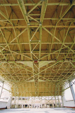 Pohled na nosnou dřevěnou konstrukci haly (vstupní portál)