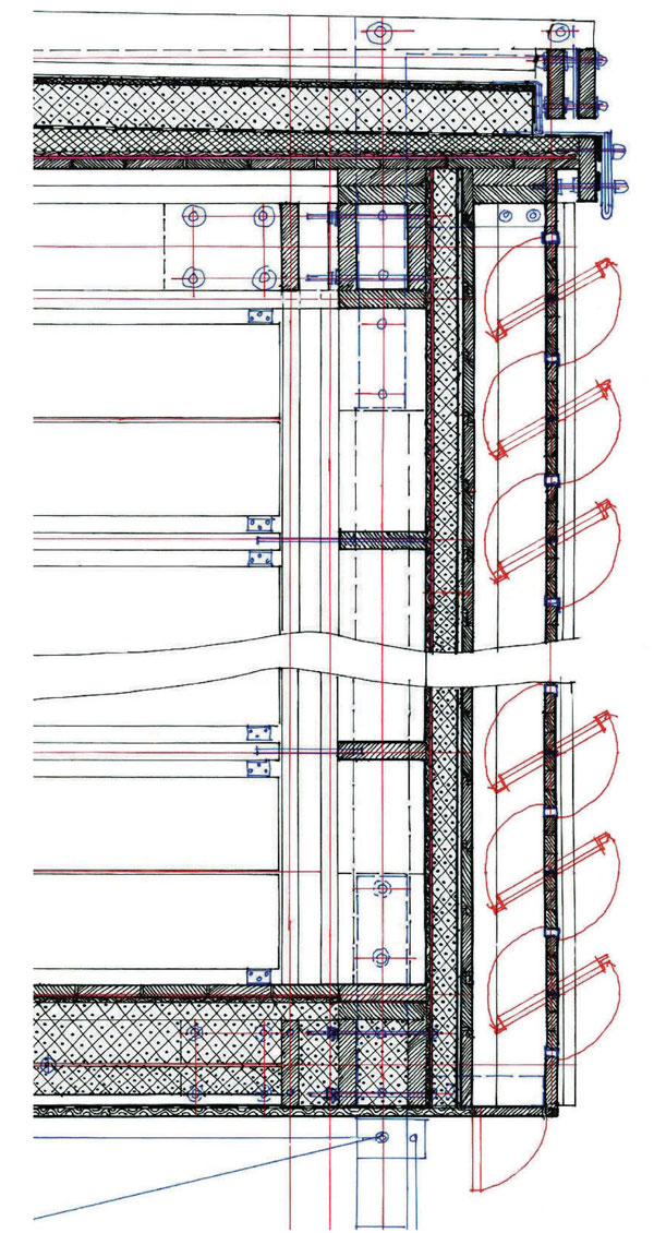 Detail svislého řezu neprosklené horní části poštovny ležící na roznášecím rámu