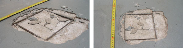 Obr. 1. a 2. Poškození podlahy - rozpad nosné polymerbetonové vrstvy