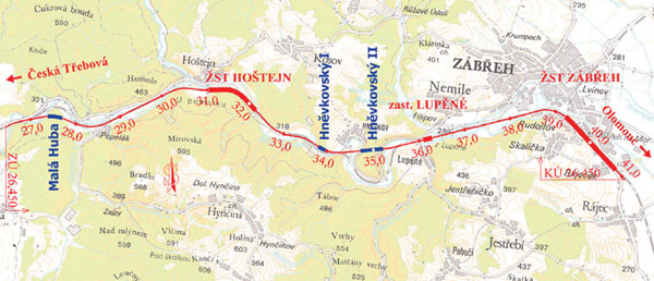 Mapa traťového úseku Zábřeh-Krasíkov