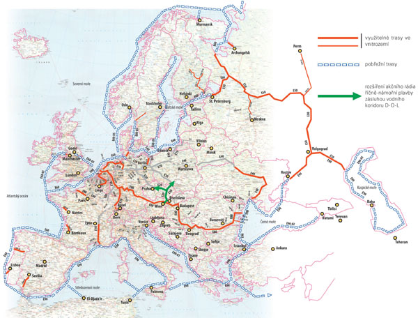 Obr. 10. Evropské vodní cesty vhodné pro nasazení říčně-námořních lodí