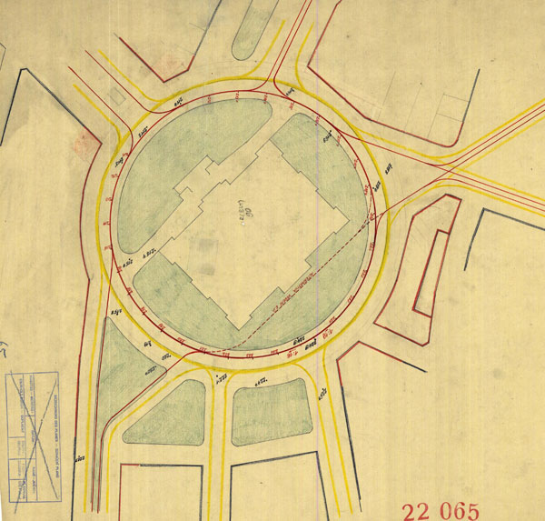 Návrh kruhového objezdu budovy Muzea s tramvajovou tratí od Maxe Urbana (1932)