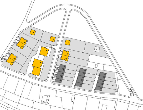 Situace souboru rodinných a bytových domů v Horních Počernicích (značeno žlutě)