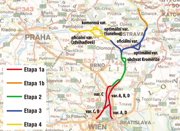 Obr. 1. Mapa trasy vodního koridoru Dunaj-Odra-Labe s etapami a variantami