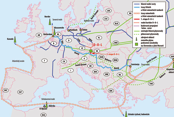 Obr. 2. Propojená soustava transevropských vodních cest a stávajících i plánovaných plynovodů