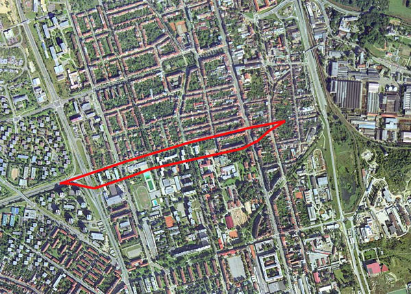 Zákres tunelů Dobrovského do satelitního snímku Králova Pole a Žabovřesk