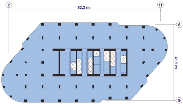 TIHT: Půdorysné schéma sloupů a jádra budovy (podlaží 17-29)