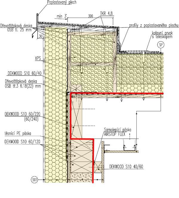 Detail 2: umístění parozábrany u konstrukce stropu pod střechou stavby