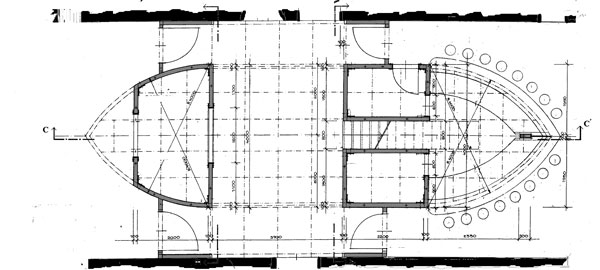 Půdorysné schéma přízemí vnitřní vestavěné dřevěné konstrukce