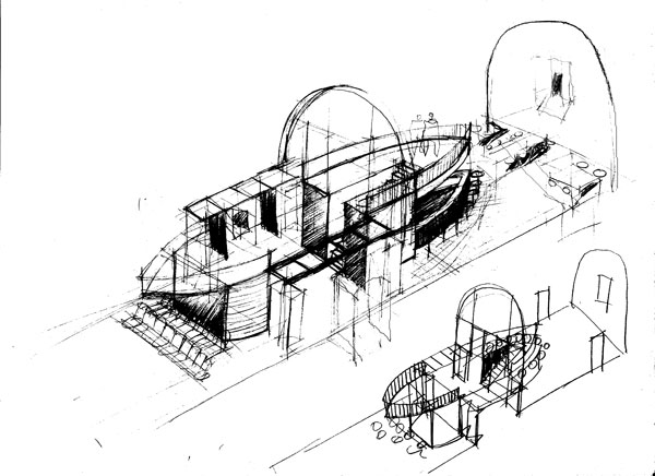 Prvoplánová skica řešení vnitřní vložené konstrukce Starého purkrabství.