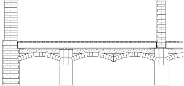 Příčný řez: umístění izolační vrstvy mezi klenbou a podlahou v 1. NP, resp. 2. NP, rekonstruovaného hradu Glachau