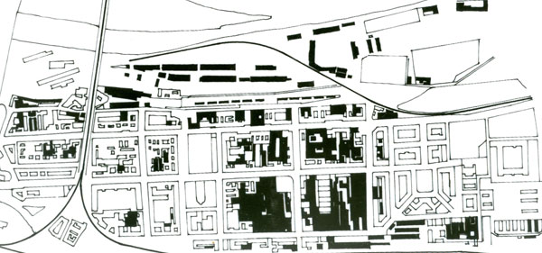 Plán Karlína z roku 1980, s černě vyznačenými průmyslovými plochami
