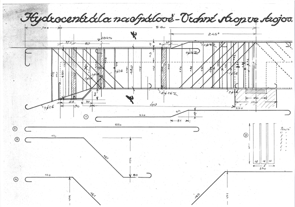 Výsek z výkresu výztuže Elektrárny Spálov, kol. r. 1924 