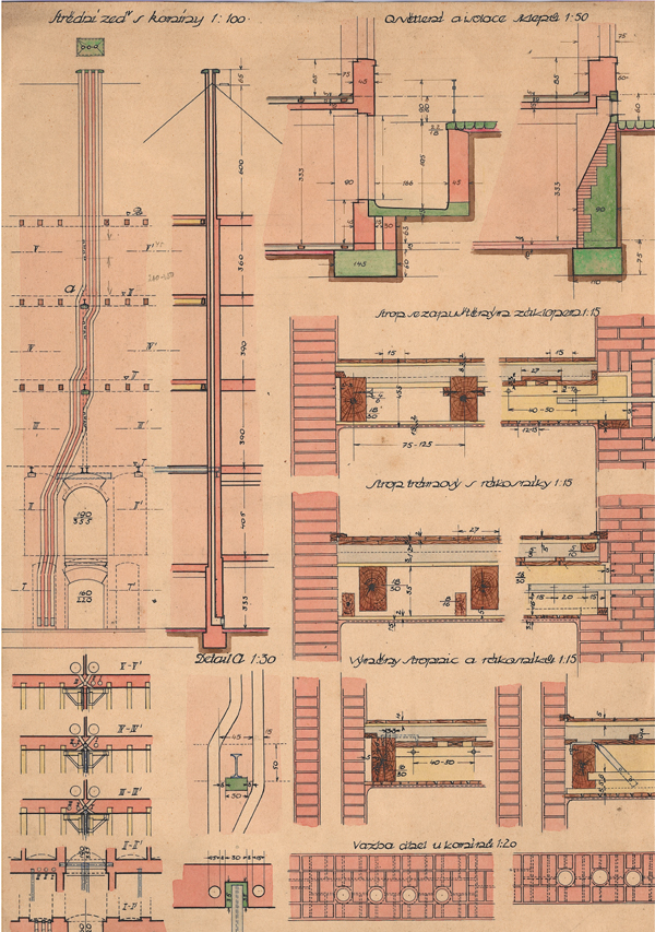 Komíny a detaily domu, patrně školní výkres kol. r. 1910 