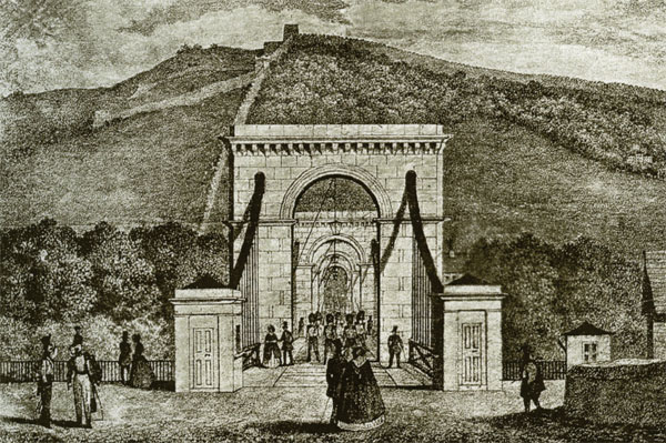 Pohled na dokončený řetězový most císaře Františka I., který byl zbořen v roce 1898 (podle soudobé litografie)
