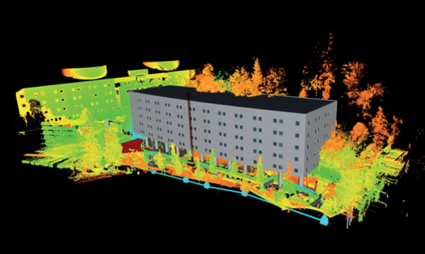 Příklad využití laserového skenování pro osazení modelu budovy do terénu (zdroj: Skanska, a.s.)