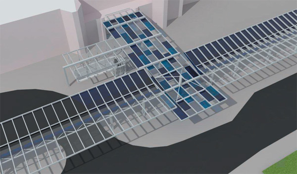 Systém zastřešení autobusového nádraží s propojením na budovu ČD (vizualizace)