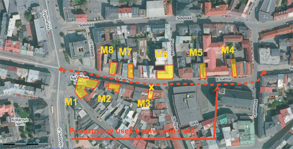 Obr. 2. Posuzovaný úsek tramvajové tratě na ulici 8. května, Olomouc s vyznačením lokalizace míst měření