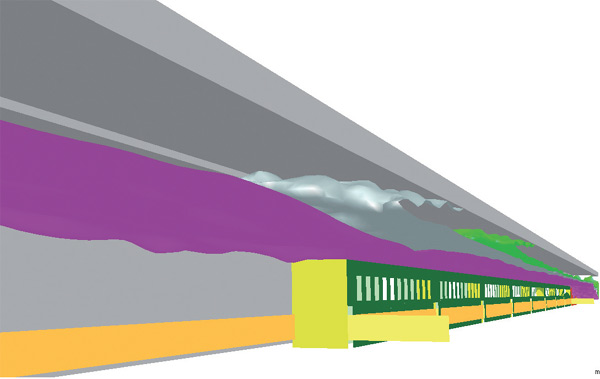Křivky izolinií těsně za vlakovou soupravou ve 20. minutě při teplotách v prostorách tunelu 40 °C (fialová), 50 °C (šedá) a 60 °C (zelená). Tyto limitní teploty neklesnou pod výšku 2,5 m na únikovém chodníku a nijak neohrozí unikající osoby.